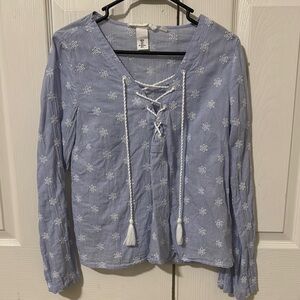 H&M Blue Long Sleeve Tie Front Blouse